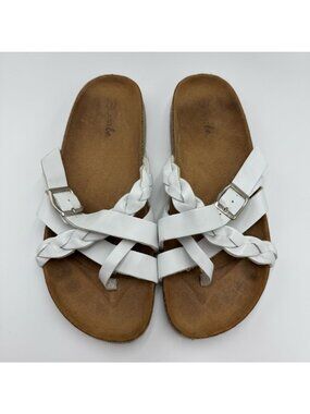 Just Be Womens Size 7 White Braided Strap Sandals Buckle Adjustable Cork Sole